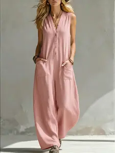 2026 European and American Style Two-Pocket Casual Linen Cotton Sleeveless Romper, Trendy Unisex Fashion Bottoms for Daily Wear