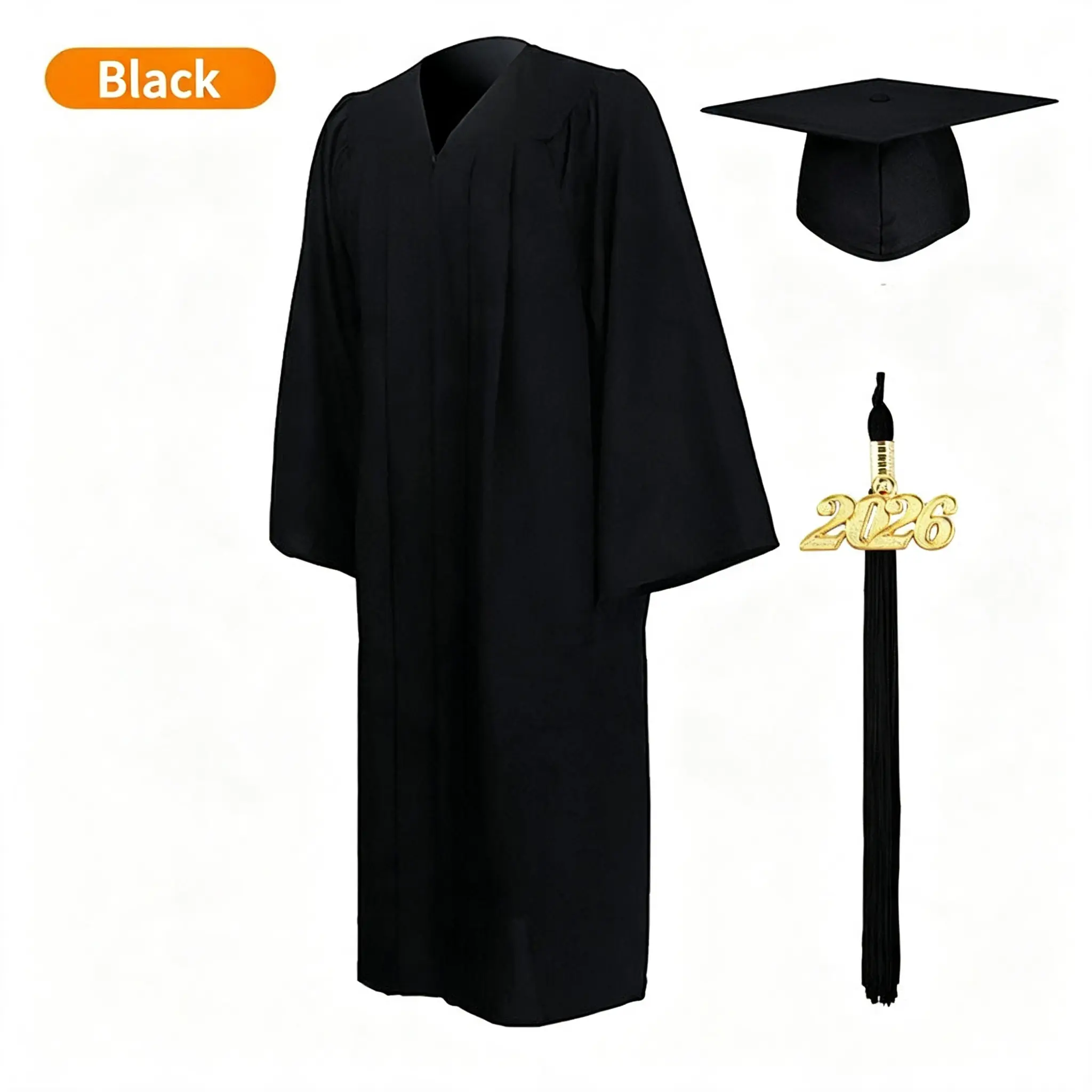 Women's 2026 Graduation Gown Set - Classic Black V-Neck Robe with Mortarboard Cap and Tassel