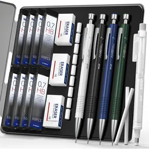 0.7mm Mechanical Pencil Set with Case, 4 count Metal Mechanical Pencils with Eraser Pen, 480 HB Lead Refills, 3 Erasers, 11 Eraser Refills, Artist Drafting Pencils for Writing, Drawing, Sketching