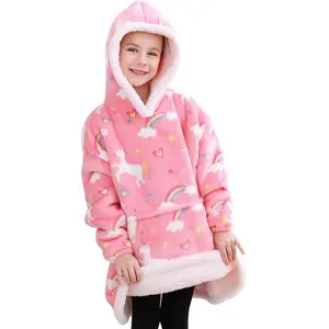 Kids Sherpa Fleece Wearable Blanket Hoodie, Soft Plush Flannel Hooded Blanket Sweatshirt Gift with Giant Pocket