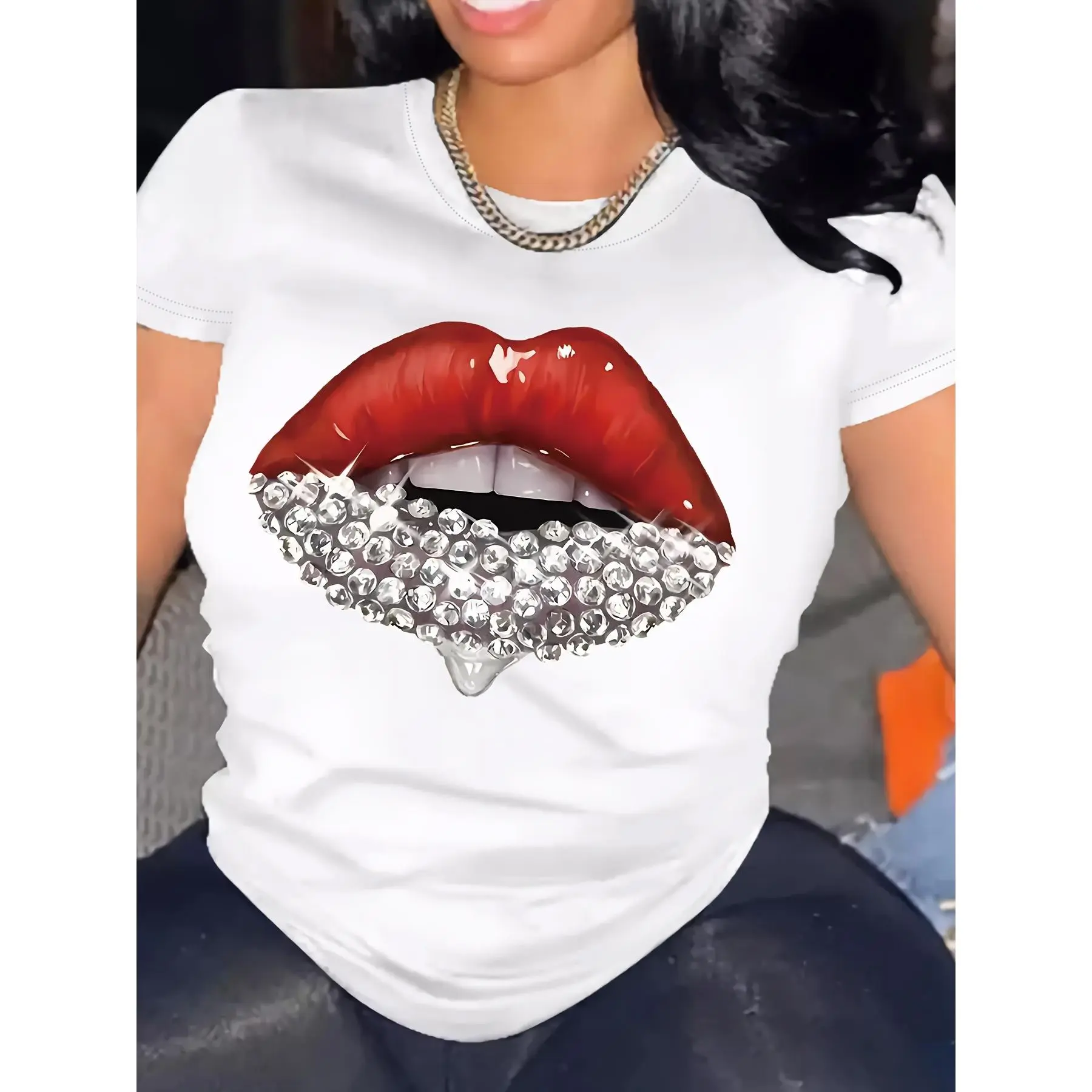 Women's Casual Short-Sleeve Round Neck Cotton Knit T-Shirt - Breathable Fabric, Vibrant Red Lips & Rhinestone Design, Relaxed Fit, Ideal for Spring & Summer Tops, Shortsleeve, Regular Fit, Alphabet Print, Chic, Tshirt, Crew Neck, Graphic