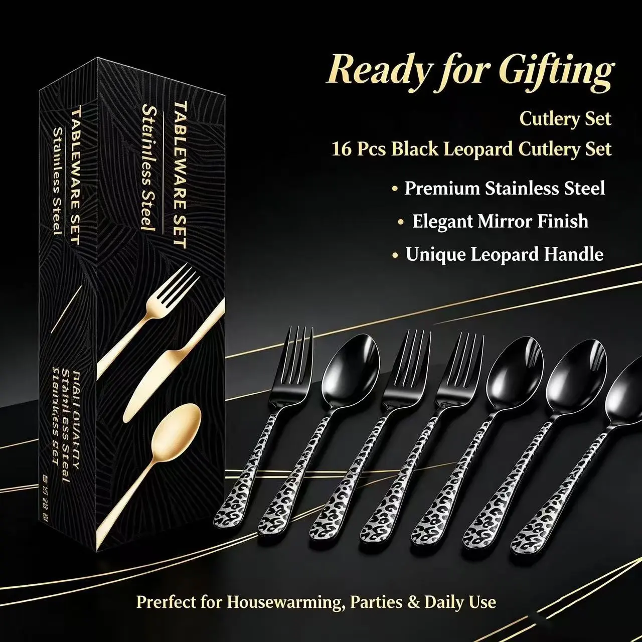 Leopard Print Stainless Steel Cutlery Set, 16-Piece Luxury Western Dining Fork Spoon Gift Box, Home Use Tableware Kit