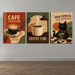 Retro Coffee Cat Triptych Canvas Wall Art, Cafe Cappuccino Poster Set for Kitchen Dining Room Coffee Bar Breakfast Nook Office Decor, Available as Unframed Canvas Poster or Framed Canvas Wrap