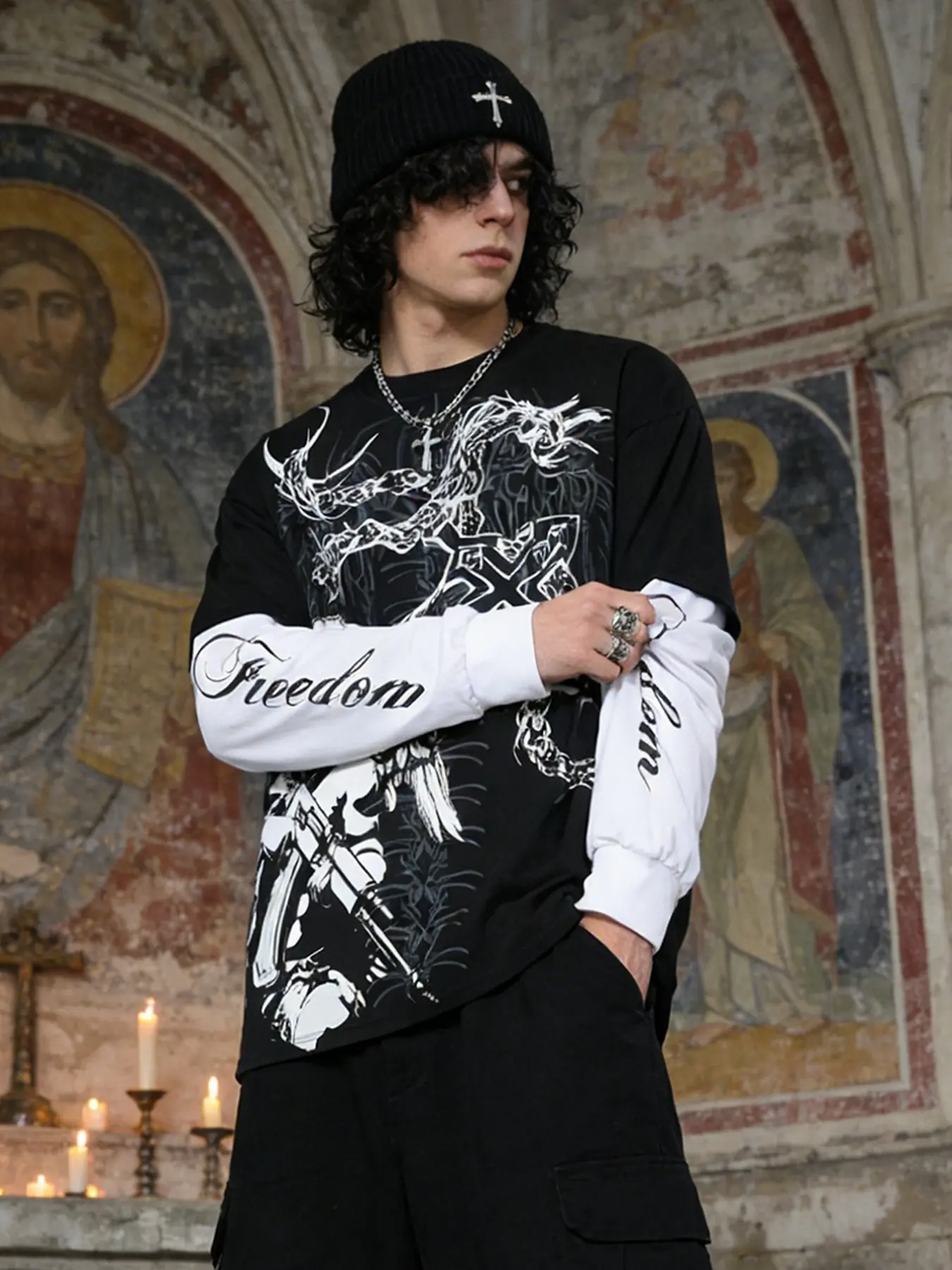 Men's Patchwork Long Sleeve T-Shirt, Comfortable Breathable Fabric, Gothic Graphic Print, Loose Fit, Streetwear Style
