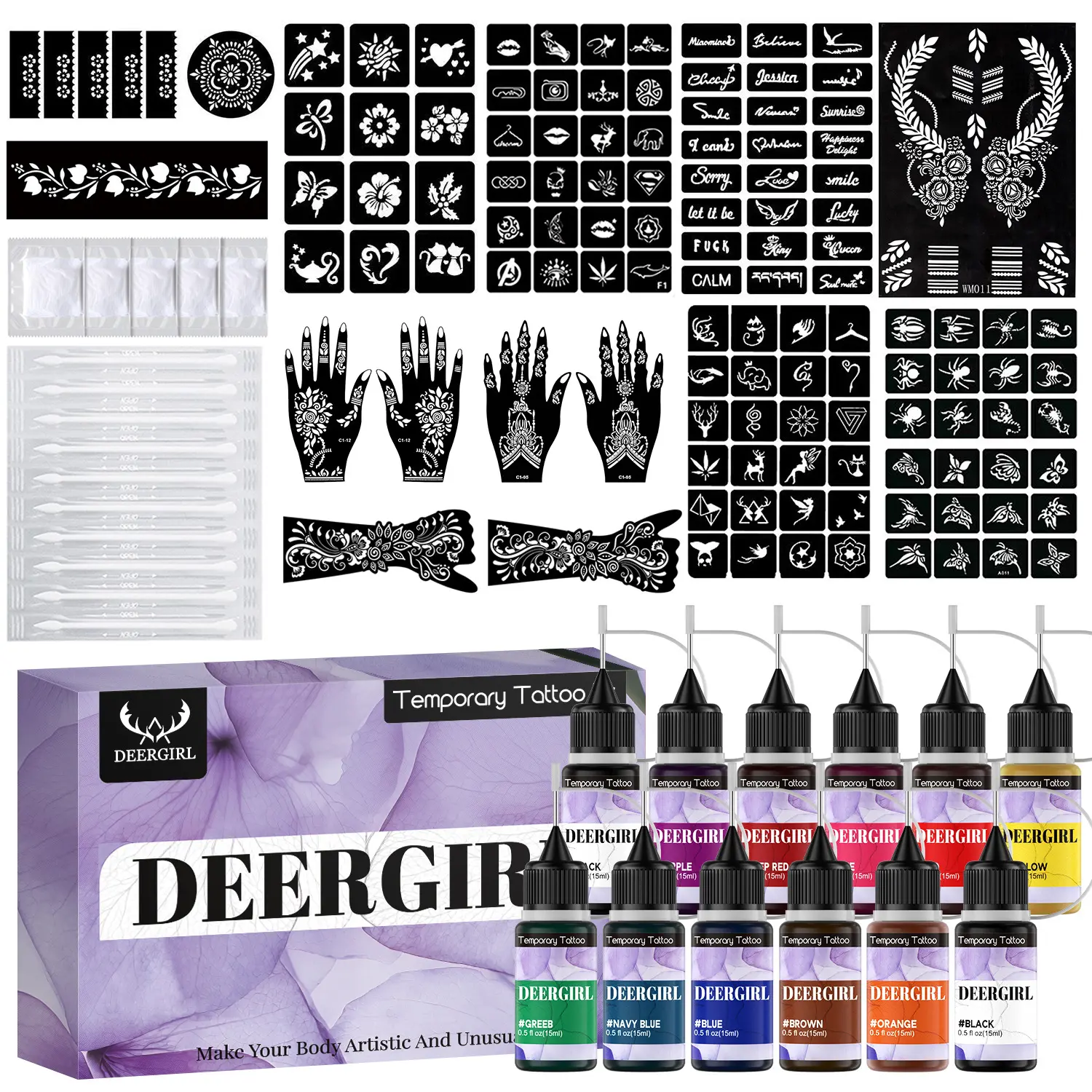 All-in-One Henna Temporary Tattoo Kit Multi-Color Liquid Tattoo Ink Bottles Reusable Henna Stencil Templates, DIY Body Mehndi Tattoo Painting Kit for Beginners, Waterproof Long Lasting Temporary Tattoo for Hands Arms, Tattoo Set