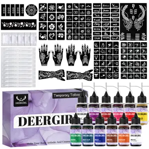 All-in-One Henna Temporary Tattoo Kit Multi-Color Liquid Tattoo Ink Bottles Reusable Henna Stencil Templates, DIY Body Mehndi Tattoo Painting Kit for Beginners, Waterproof Long Lasting Temporary Tattoo for Hands Arms