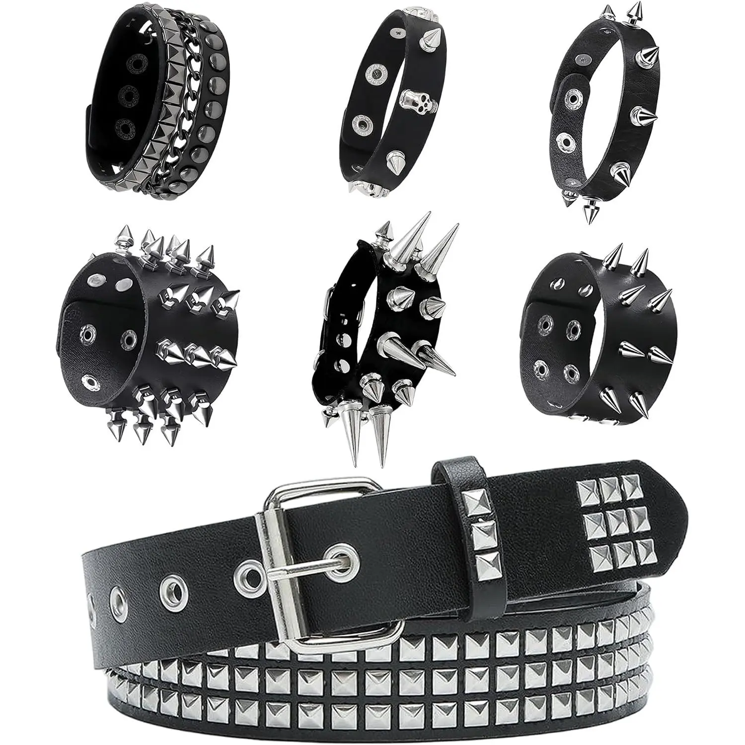 Black Studded Belt, Spiked Bracelets Punk Rock PU Leather Belt | Y2K Goth Emo Belt, Adjustable,  31" - 36", Punk Accessories, Alt Grunge Studded Bracelet Cuff Men Women
