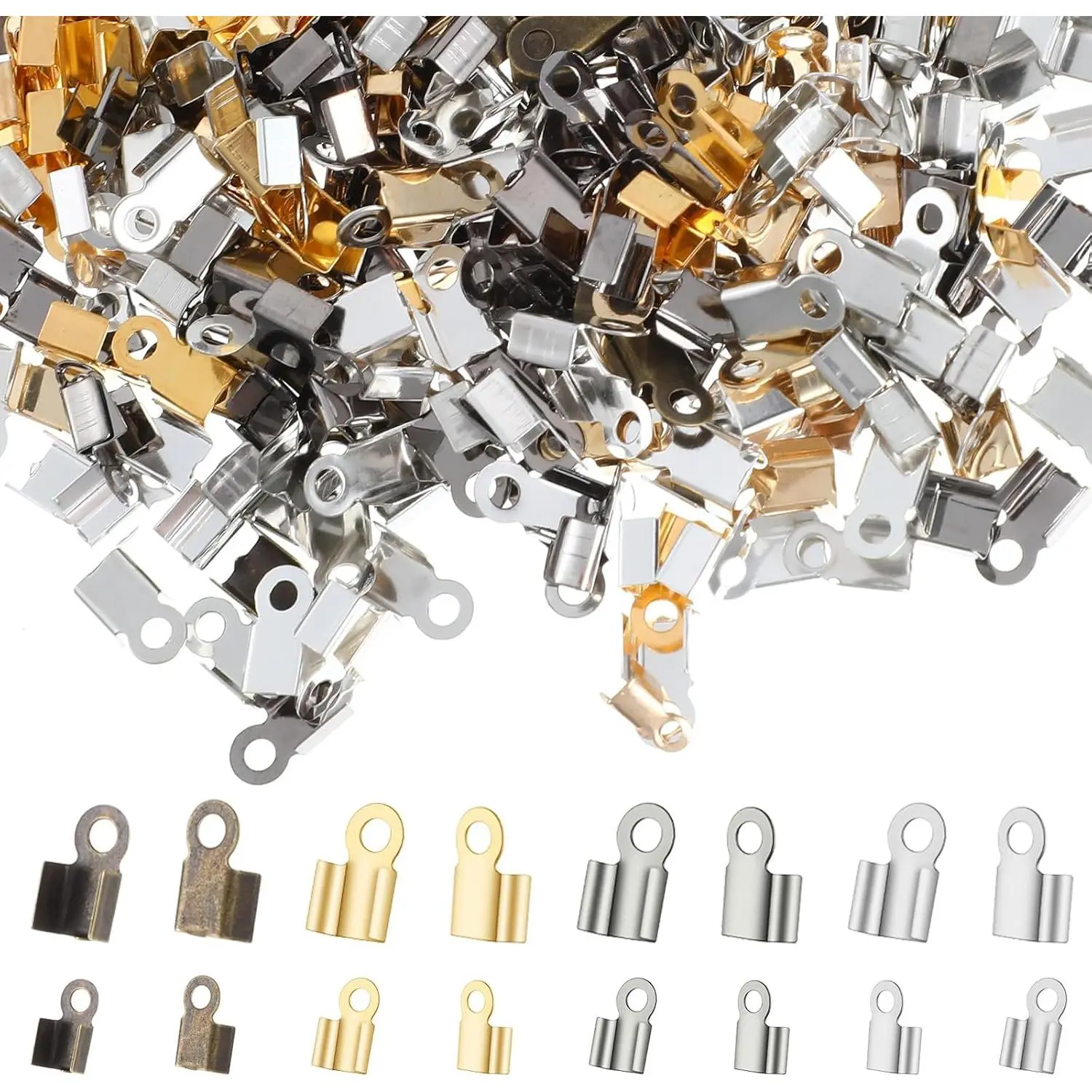 1000 count Crimp Beads for  Making Fold Over Cord Ends Terminators Crimp End Tips Leather Ribbon End Clasp Tips Caps (3.5 X 9 Mm/ 0.14 X 0.35 Inch, 5 Colors)