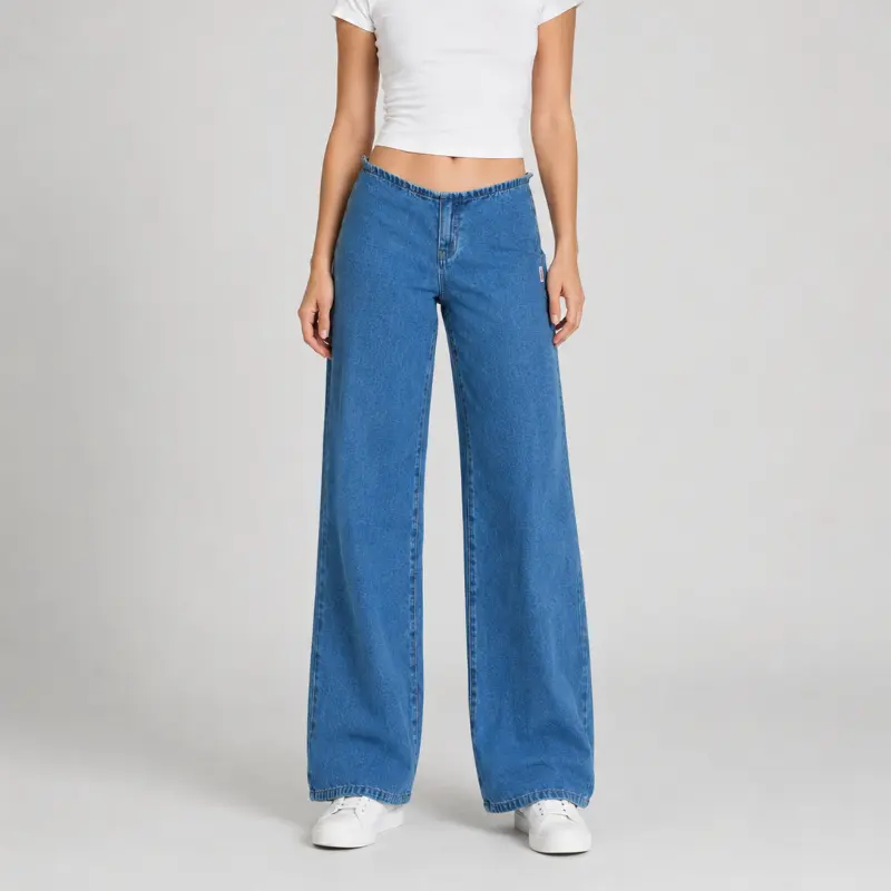 Women's Denim Low-Rise Wide-Leg Jeans, Loose-Fit with Adjustable Drawstring Waistband and Cuffs, Raw Hem, Mid Waist Option, Soft Comfortable Feel for All Seasons Everyday Wear