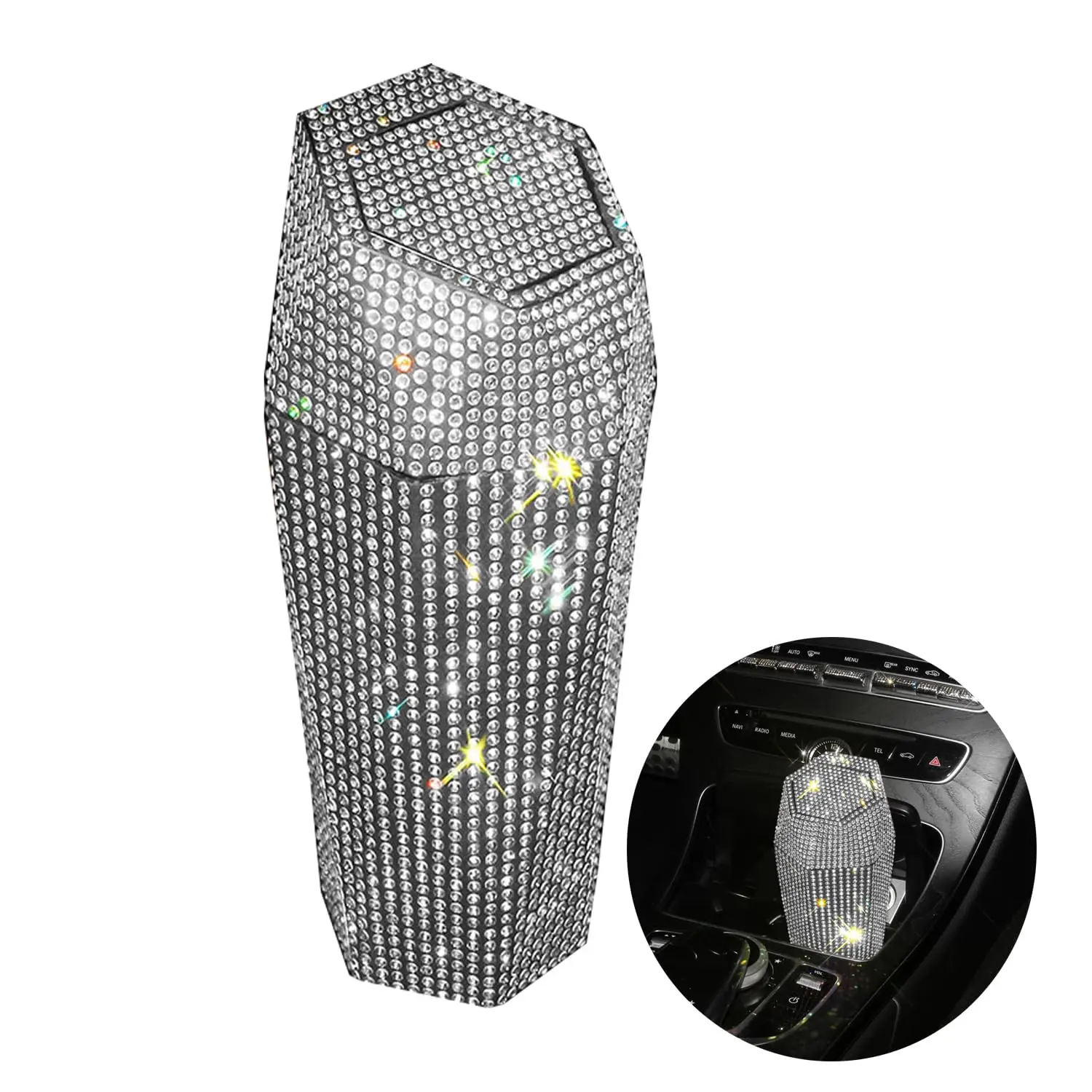 Sparkling Rhinestone Plastic Trash Can with Lid - Small Automatic Portable Car Interior Stowing Accessory for Automotive, Office, Ideal Anniversary Gift, Gifts