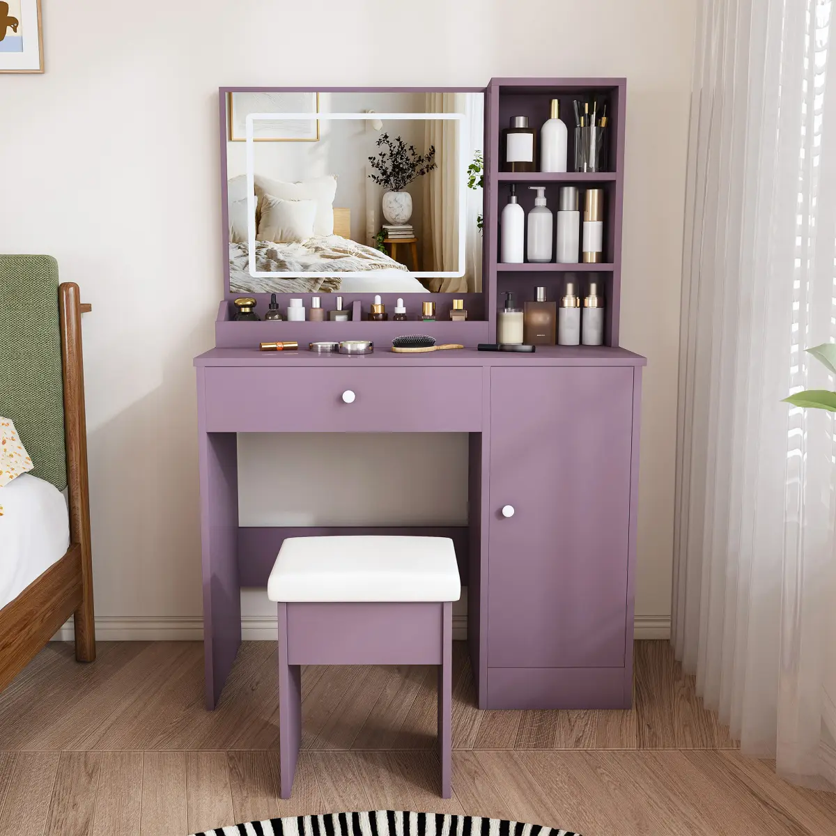 Vanity Desk Set with Stool, LED Lighted Mirror with 3 Color Modes, Makeup Vanity Table with Drawer, Storage Cabinet & Shelves, Modern Bedroom Dressing Table for Women Girls, Purple