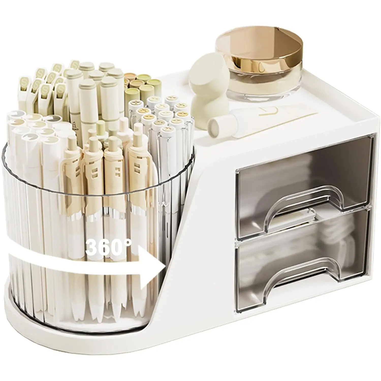 Rotating Desk Organizer with 2 Drawer 6 Slots Multi-Functional Pencil Pen Holder Desktop Makeup Organizer Stationery Accessories Storage Box  for Office School  Art Supplies (White)
