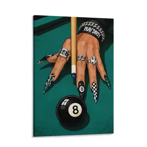 8 Ball Billiards Canvas Wall Art Cool Pool Table Framed Poster for Game Room Decor Trendy Hand with Rings Wall Decoration Men Cave Pool Room Pictures Aesthetic Bar Club Art Gift