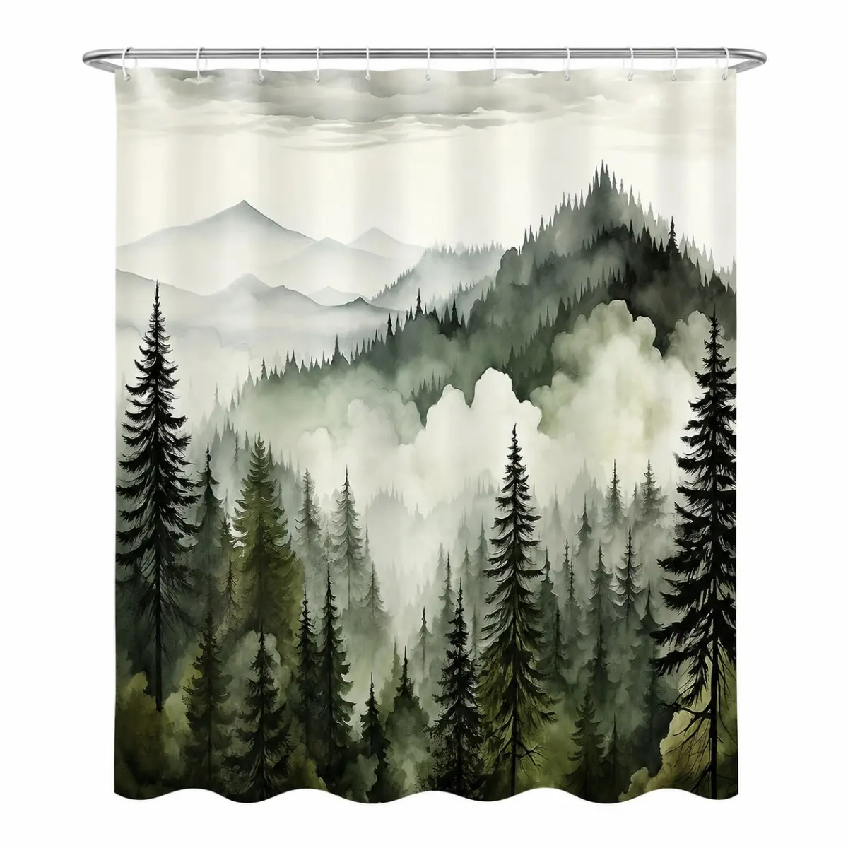 Dark Green Misty Pine Forest Shower Curtain, Mountain Fog Woodland Tree Bathroom Curtain, Rustic Nature Landscape Shower Curtain Decor for Modern Bathroom