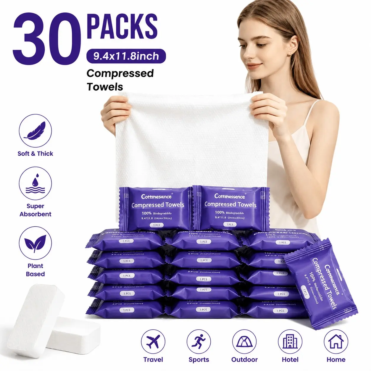 Compressed Towel Tablets, Extra Thick Ultra Soft Travel Towels, Portable Face Cloths, Soft Thick Expandable Wash Towels, 30 Packs