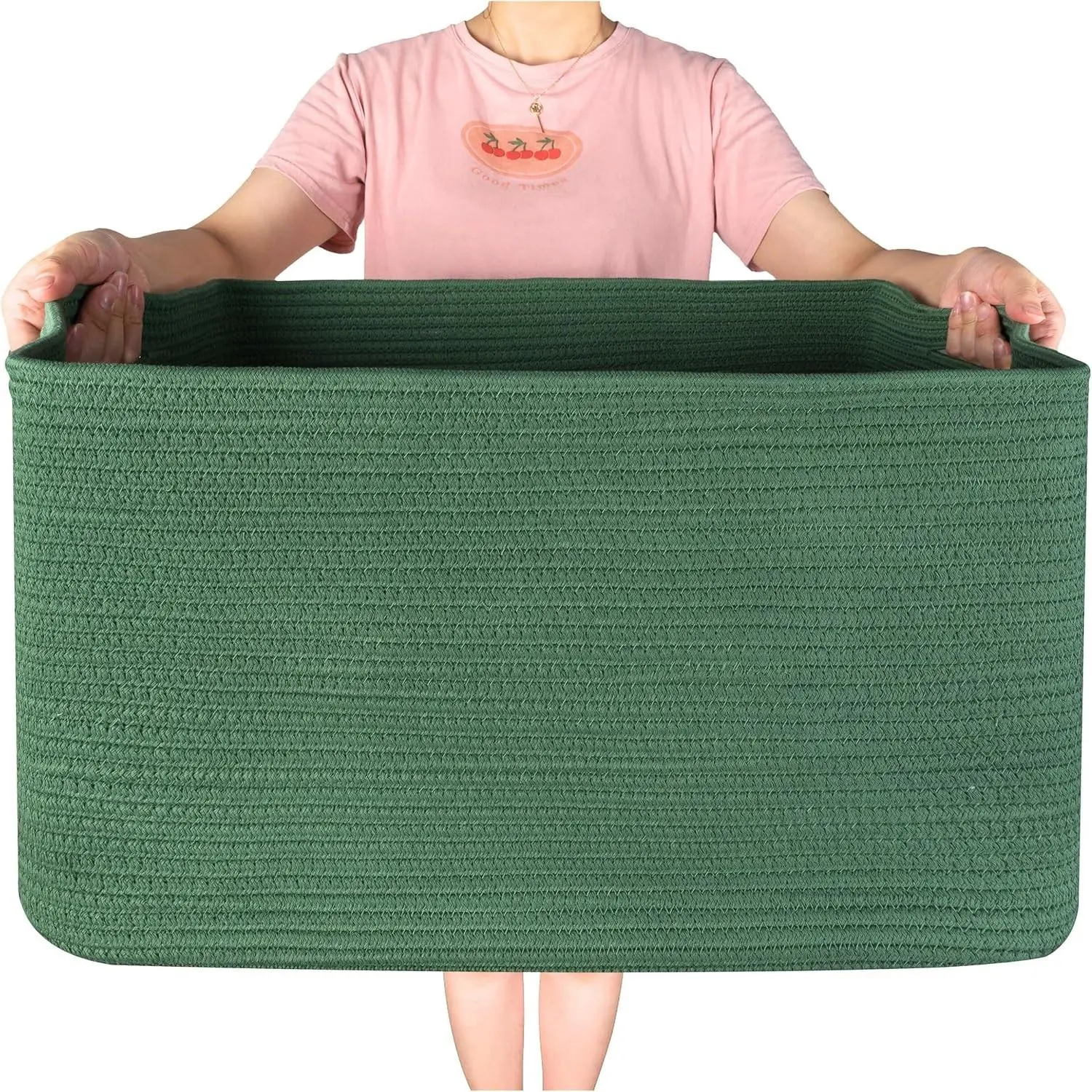 22in Extra Large Blanket Basket Holder Living Room, Rectangle Rope Woven Storage Basket with Handles for Laundry, Pool Towels, and Shoes, Dog Toy Organizer Bin Box, Forest Green