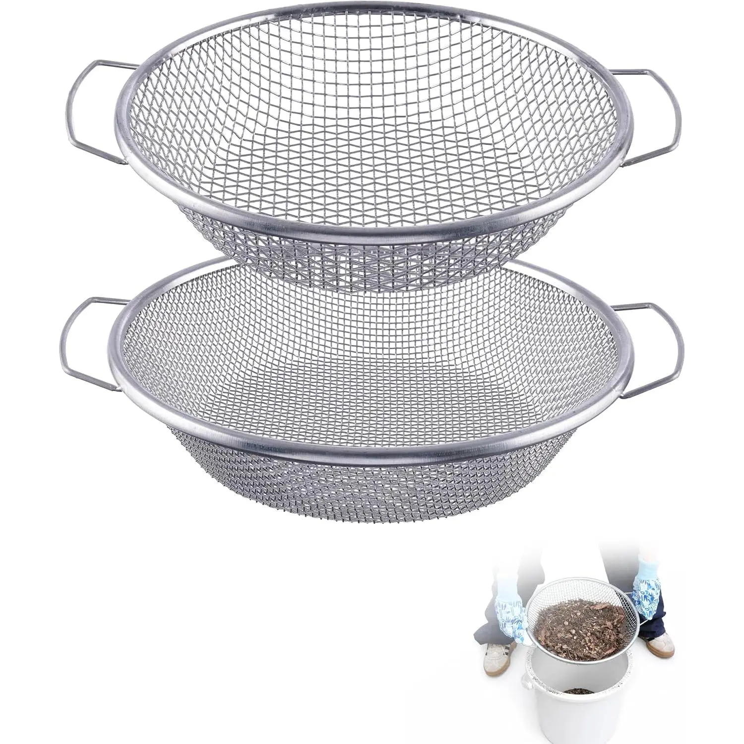 2PCS Soil Sifter for Gardening with Handle,Stainless Steel Rock Compost Soil Sifter for 5 Gallon Bucket,1/4in,1/8in Mesh Garden Sifting Screen Gravel Sawdust