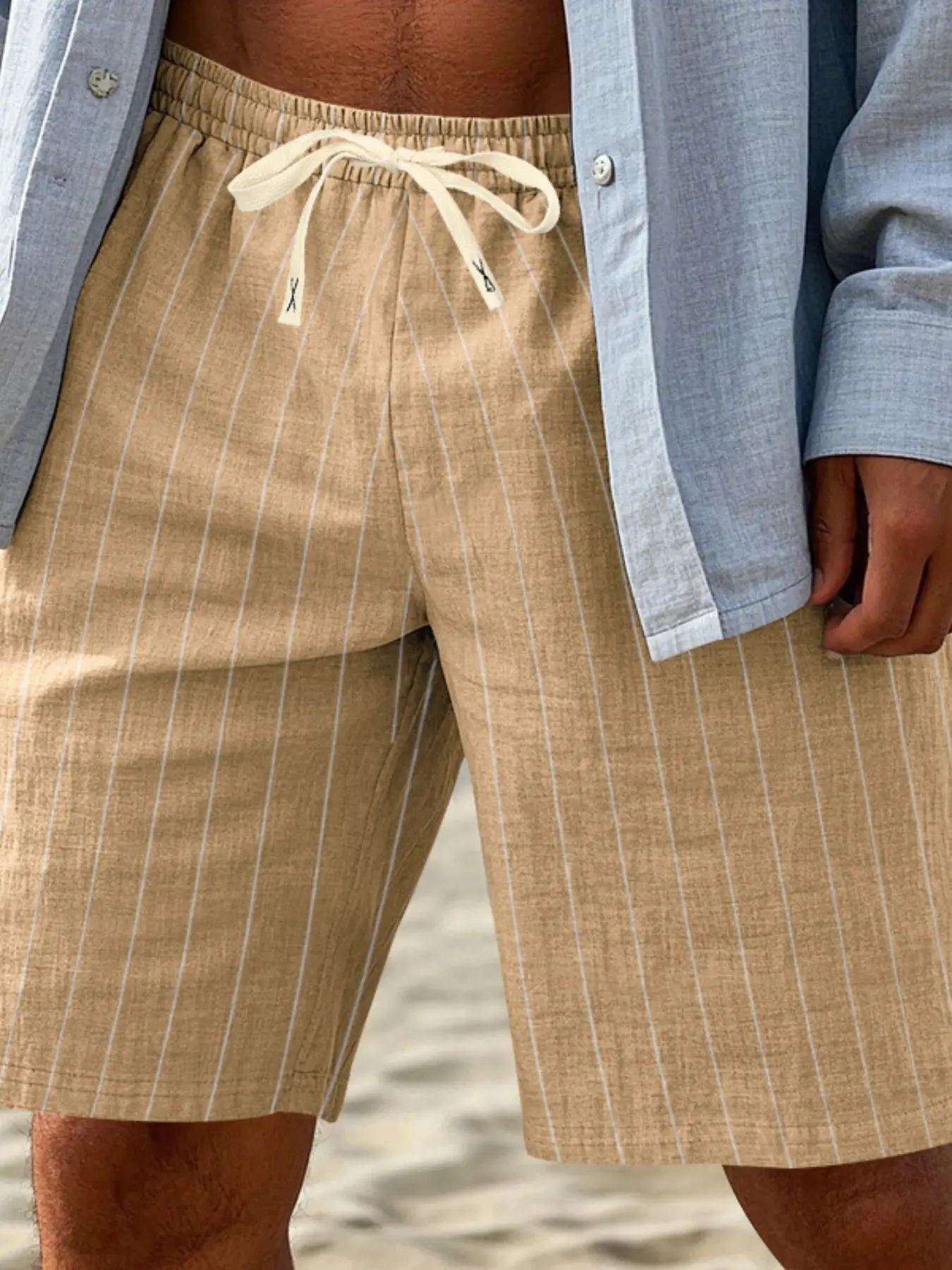 Men's Summer Striped Linen Casual Breathable Beach Shorts, Elastic Waist Drawstring, Loose Fit Knee-Length, Side Pockets, Beach Vacation, Daily Wear, Travel