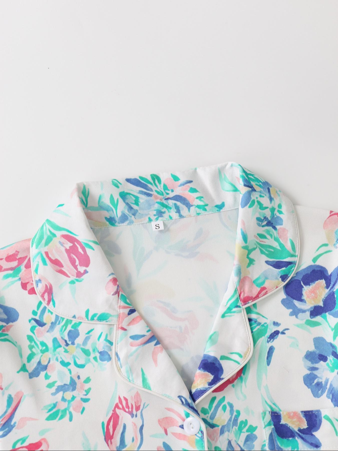 Women's All Over Floral Print Button Front Pocket Shirt & Elastic Waist Pants Pyjama Set, Casual Comfy Two-piece Pj Set, Ladies Sleepwear for All Seasons Pajama Set