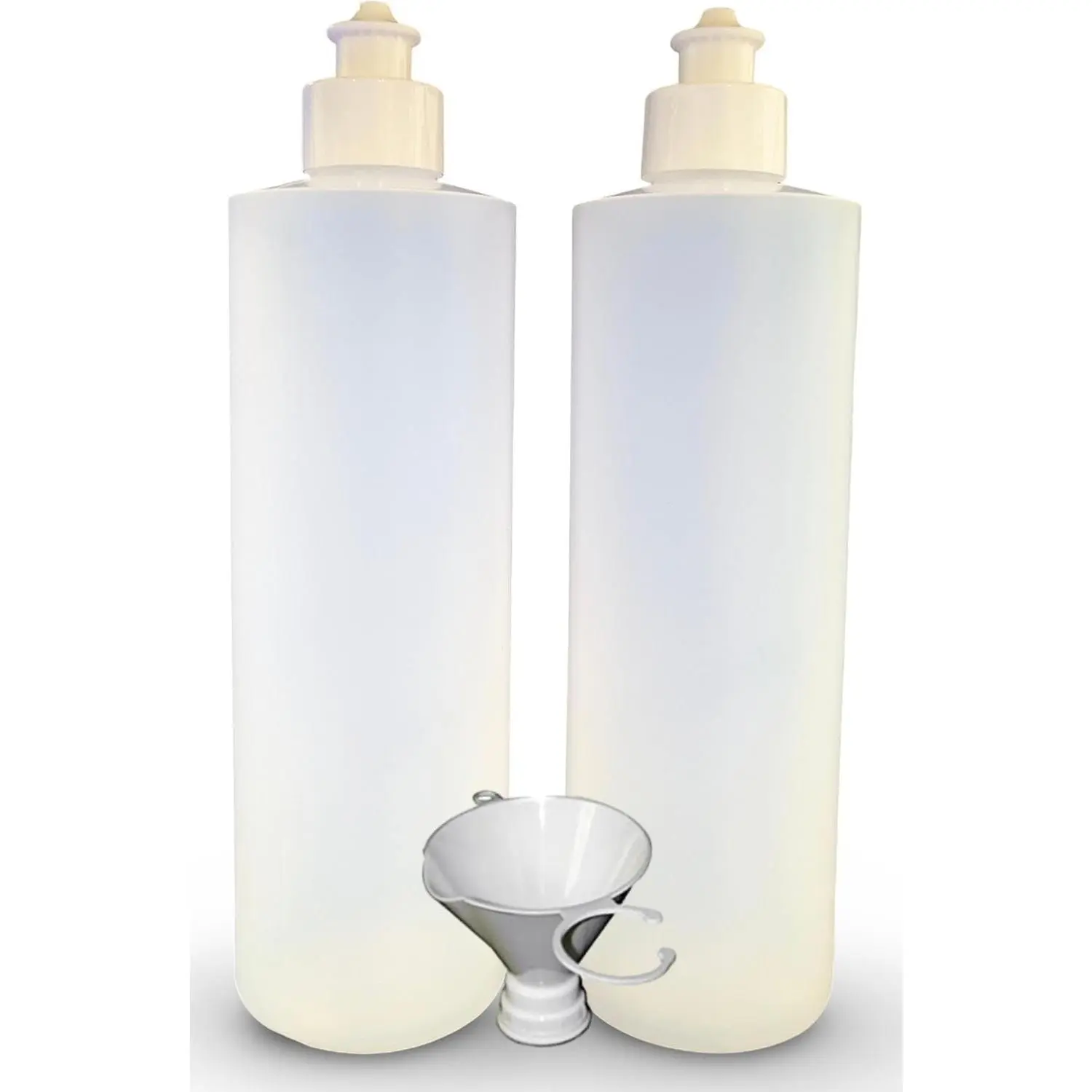 2 Pack Refillable 16 Ounce HDPE Squeeze Bottles With Push/Pull Button Top Dispenser Caps-Great For Lotions, Shampoos, Conditioners and Massage Oils-Includes our patented thread-on funnel