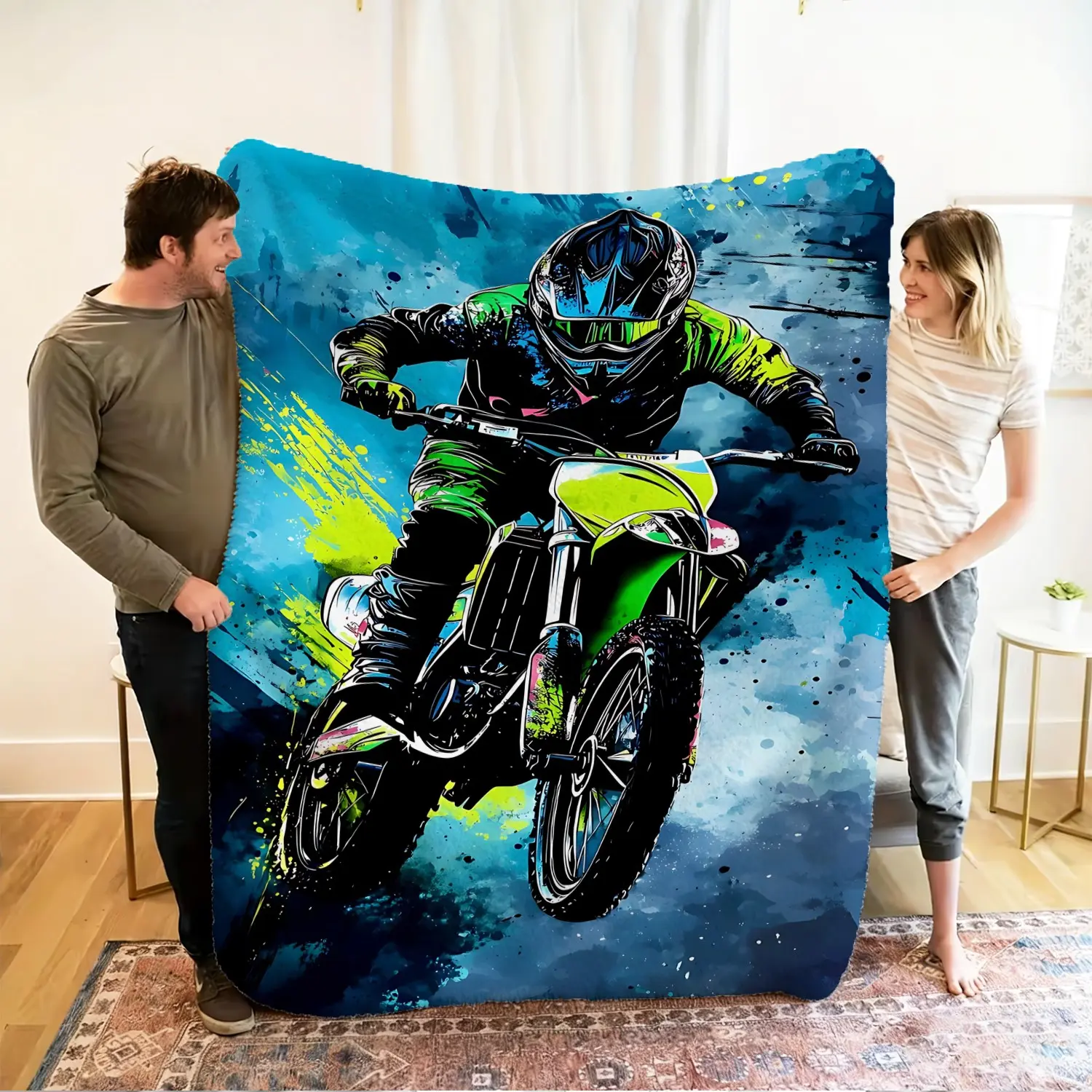 Dynamic Splash Motocross Dirt Bike Flannel Blanket, Camping Blanket & Breathable Kids Blanket for Indoor Game Night, Outdoor Picnic, Motorsport Themed Party, Gift for Young Biker Fans