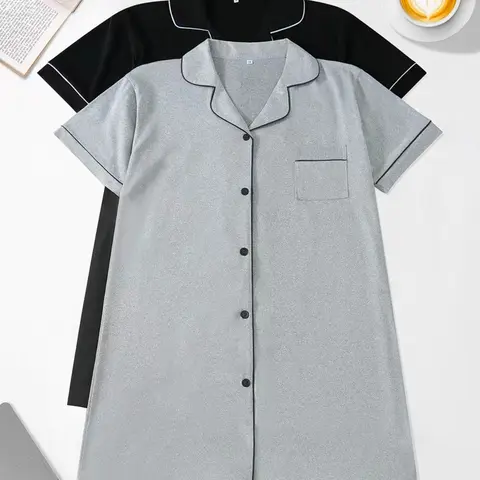 【Black Friday】Women's Minimalist Contrast Binding Nightdress Set, Comfortable Fitted Collared Nightgown for Spring, Summer and Autumn, Casual Loungewear, Homewear, Ladies Sleepwear, Two-Piece Set