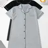 【Black Friday】Women's Minimalist Contrast Binding Nightdress Set, Comfortable Fitted Collared Nightgown for Spring, Summer and Autumn, Casual Loungewear, Homewear, Ladies Sleepwear, Two-Piece Set