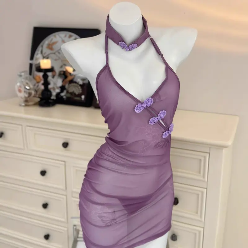 Women's Sexy New Chinese Style Purple Sexy Hanfu Qipao, Sheer Bodycon Mesh Dress for Dating and Sleepwear