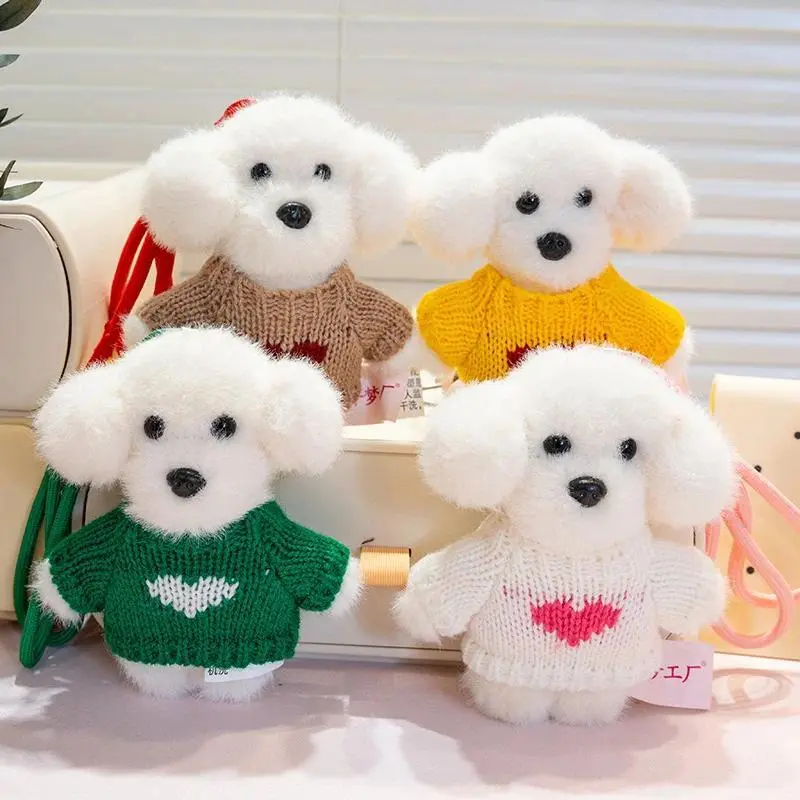 13cm Kawaii Plush Keychain Puppy White Dog Stuffed Toy Cute Toy Poodle with Hoodie Sweater Plushies Lovely Bag Car Keychain