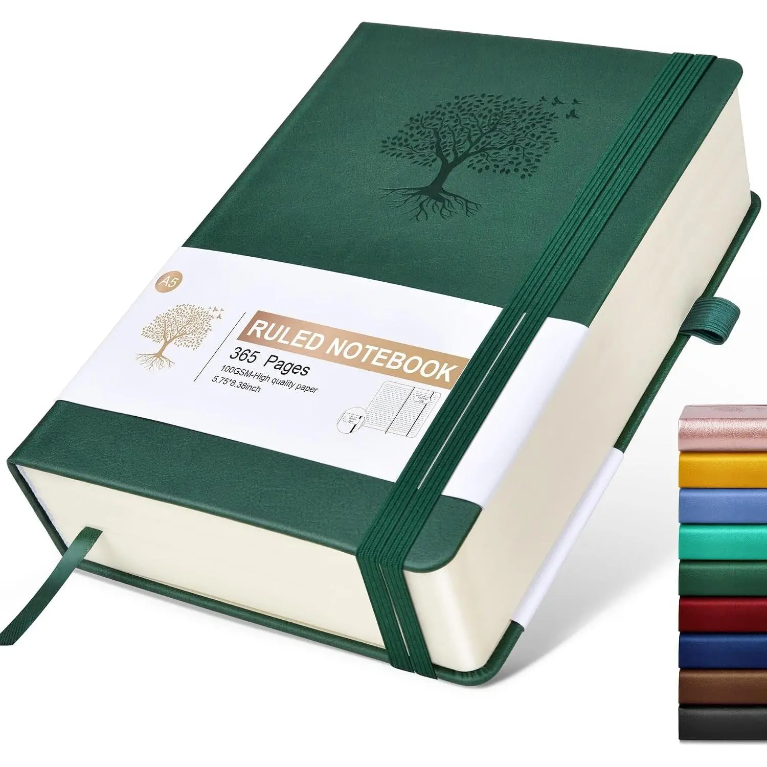 A5 Lined Journal Notebook - 365 Pages Thick 100GSM Paper, Hardcover Leather Journal for Men & Women, Daily Writing Notebook for Work and Note Taking, Green, 5.75" x 8.38"
