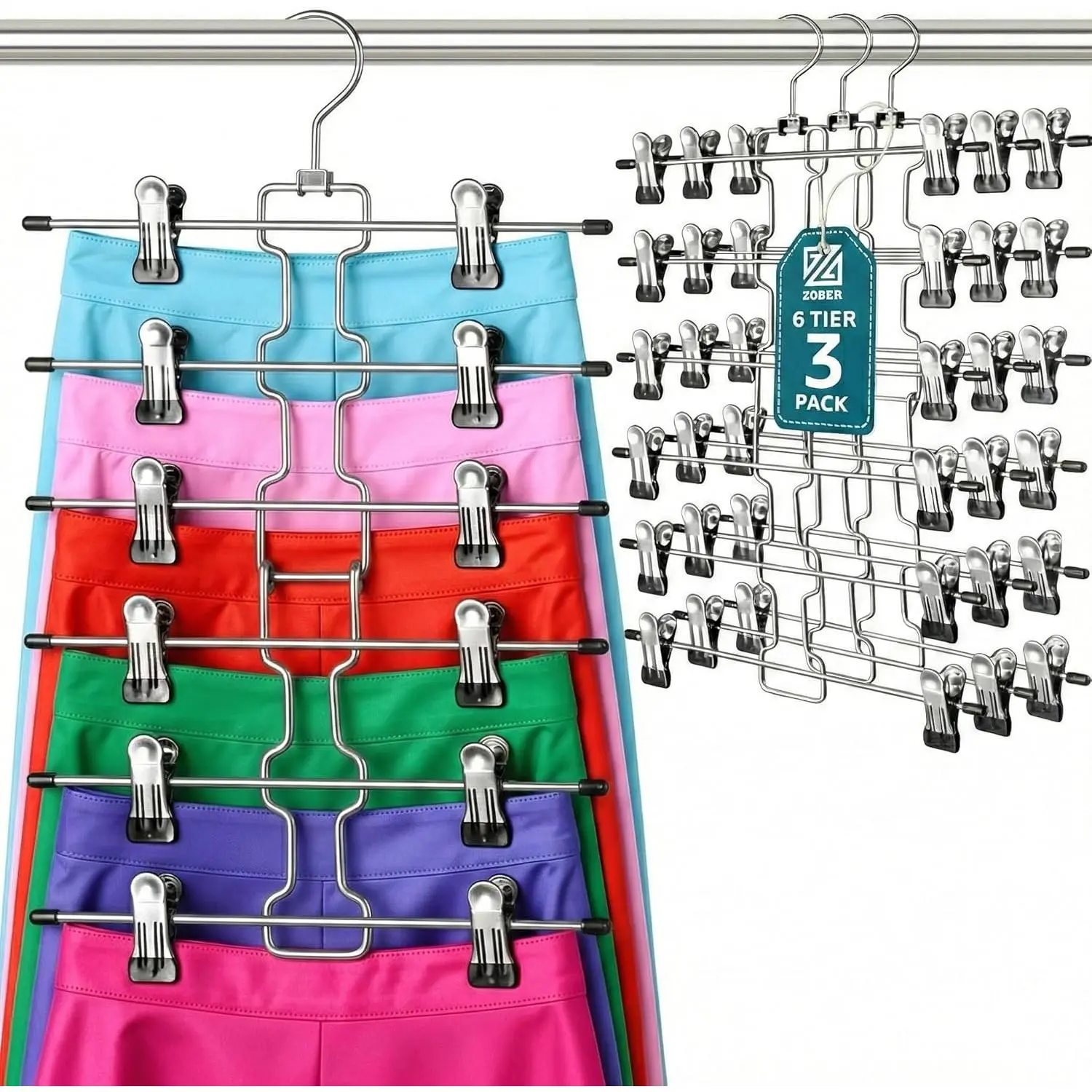 3-Pack 6-Tier Skirt Hangers with Clips Pants Hangers with Clips Space Saving, Closet Organization, Swivel Hooks, College Dorm Essentials, Skirt Hangers for Women, Jeans Organizer for Closet