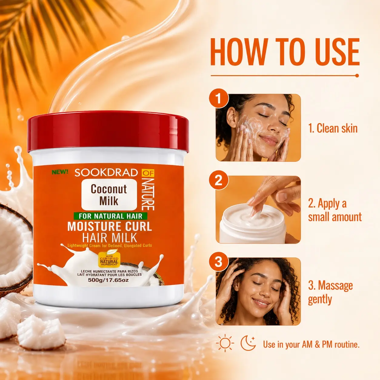 Coconut Milk Moisture Curl Hair Milk, Certified Natural Ingredient, Lightweight Cream, For Natural Hair, Defined Elongated Curls, 500g/17.65oz