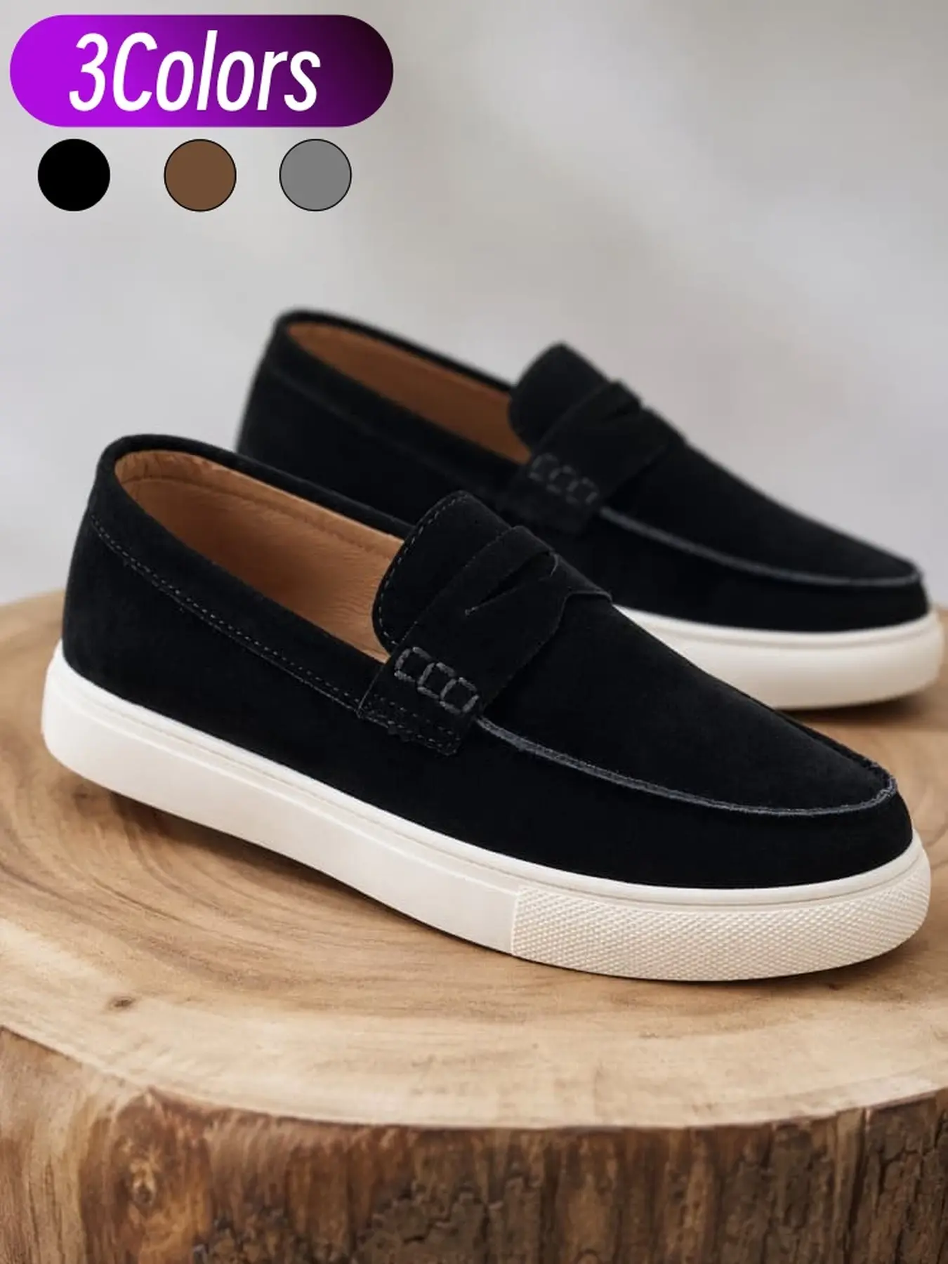 Men slip-on vintage suede penny loafers round soft lining anti-slip flat sole mature casual leather shoes footwear for daily cafe stroll