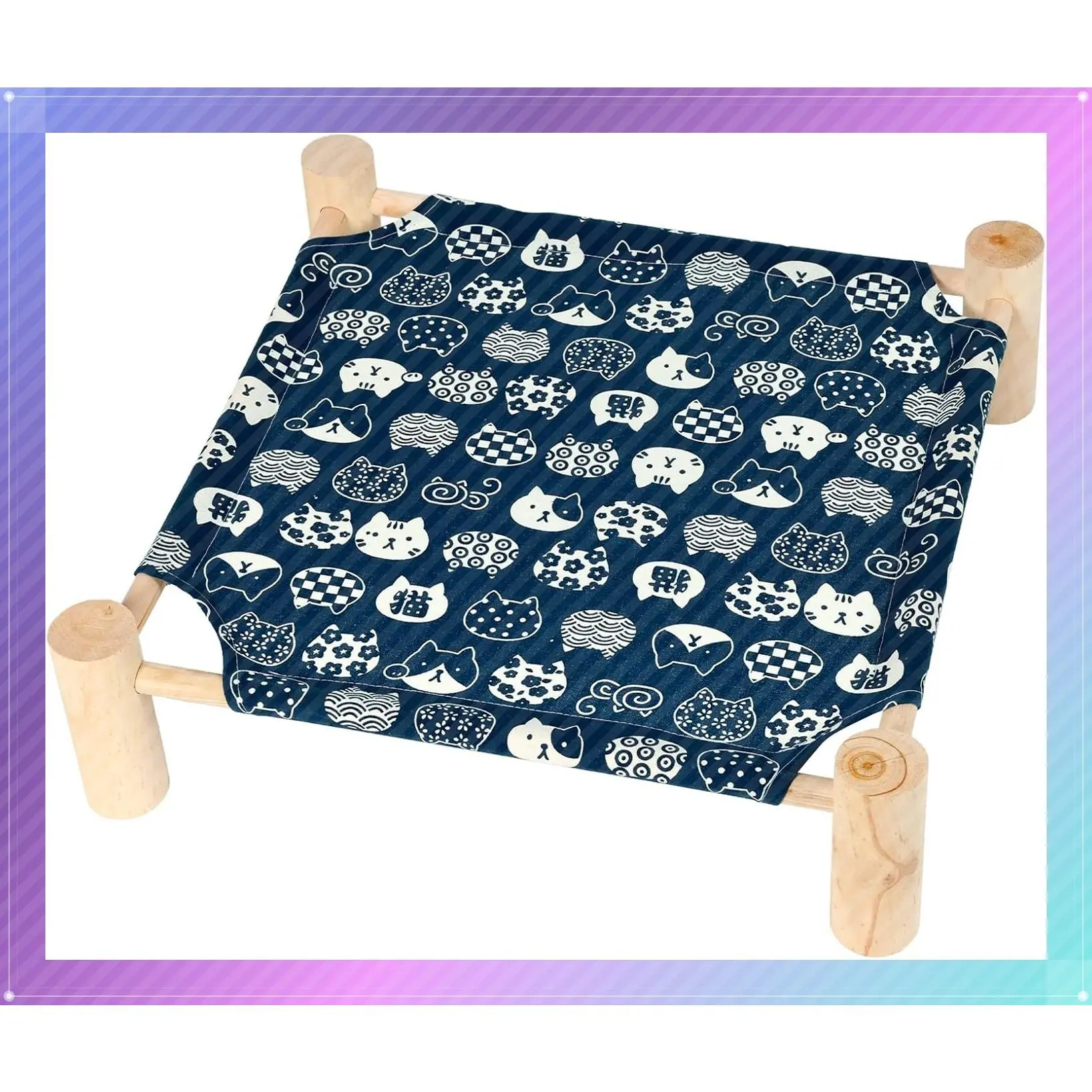 Elevated Cooling Wooden Pet Bed, Breathable Hammock Cot for Cats, Dogs & Rabbits, Indoor/Outdoor, Blue, Square, 19x19x5 in, Supports up to 20 lbs, Summer Outdoor Cat FurnitureGift