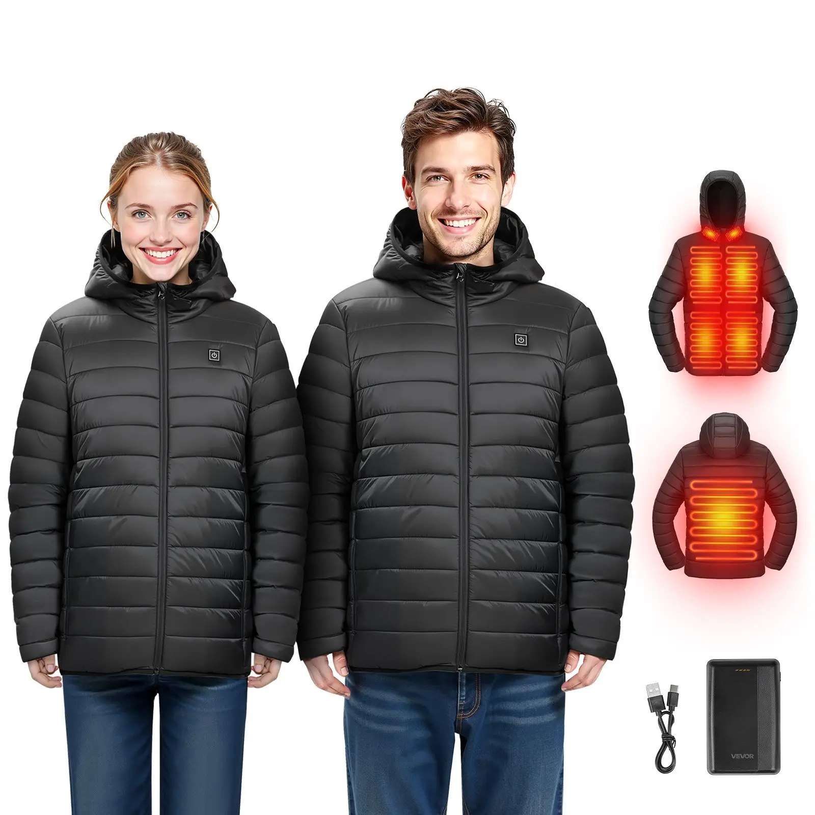 VEVOR Women's Long Sleeve Hooded Neck Padded Heated Jacket, 7.4V Battery-Powered Carbon Fiber Soft Fabric Coat, Adjustable Simple Windproof Lightweight Outerwear with 4 Heating Zones, 3 Heat Settings, Pockets, for Hiking, Friends' Outings, Black, M, Famil