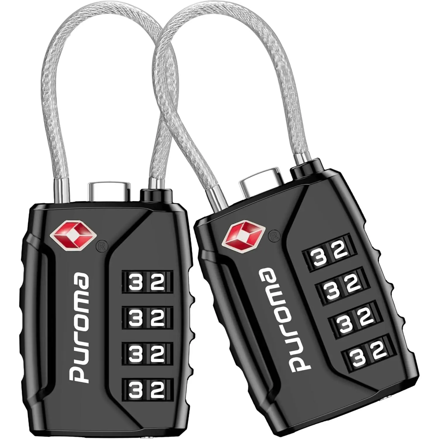 Puroma 2-Pack TSA Approved 4-Digit Resettable Cable Locks, Black Zinc Alloy, Flexible Cable, Zipper Holes, Large White Numbers for Train Travel, Large Numbers