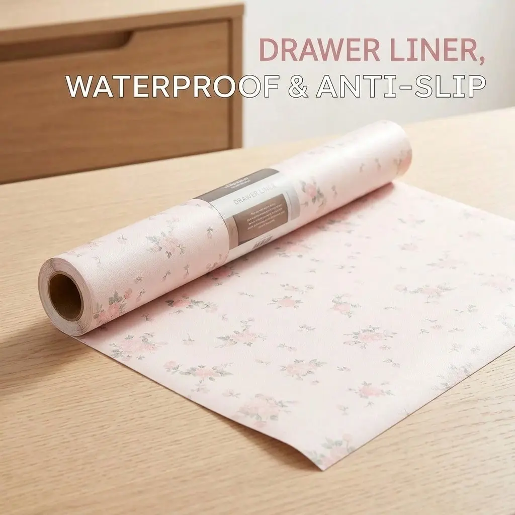 Light Rose Pattern Thick Eva Drawer Pad, Smooth No-Adhesive Waterproof Oil-Resistant, Customizable Kitchen Cabinet Shelf Mat, Washable French Floral Protector