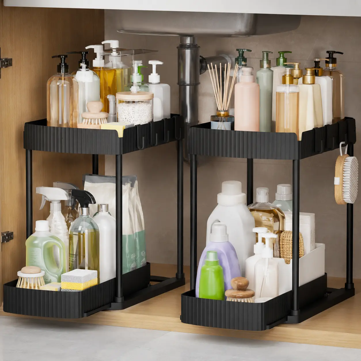 2 Pack Pull-Out Under Sink Organizers, 12.8 in Black Cabinet Storage Shelves for Kitchen, Bathroom, Pantry and Cleaning Supplies