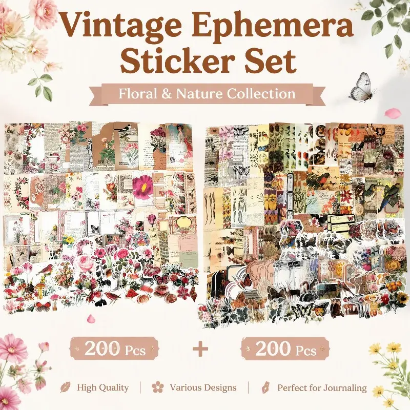 400 Pcs Vintage Scrapbook Kit, Retro Background Paper & Floral Nature Animal Ephemera Stickers, Aesthetic DIY Junk Journal Supplies for Planner, Diary & Handmade Crafts