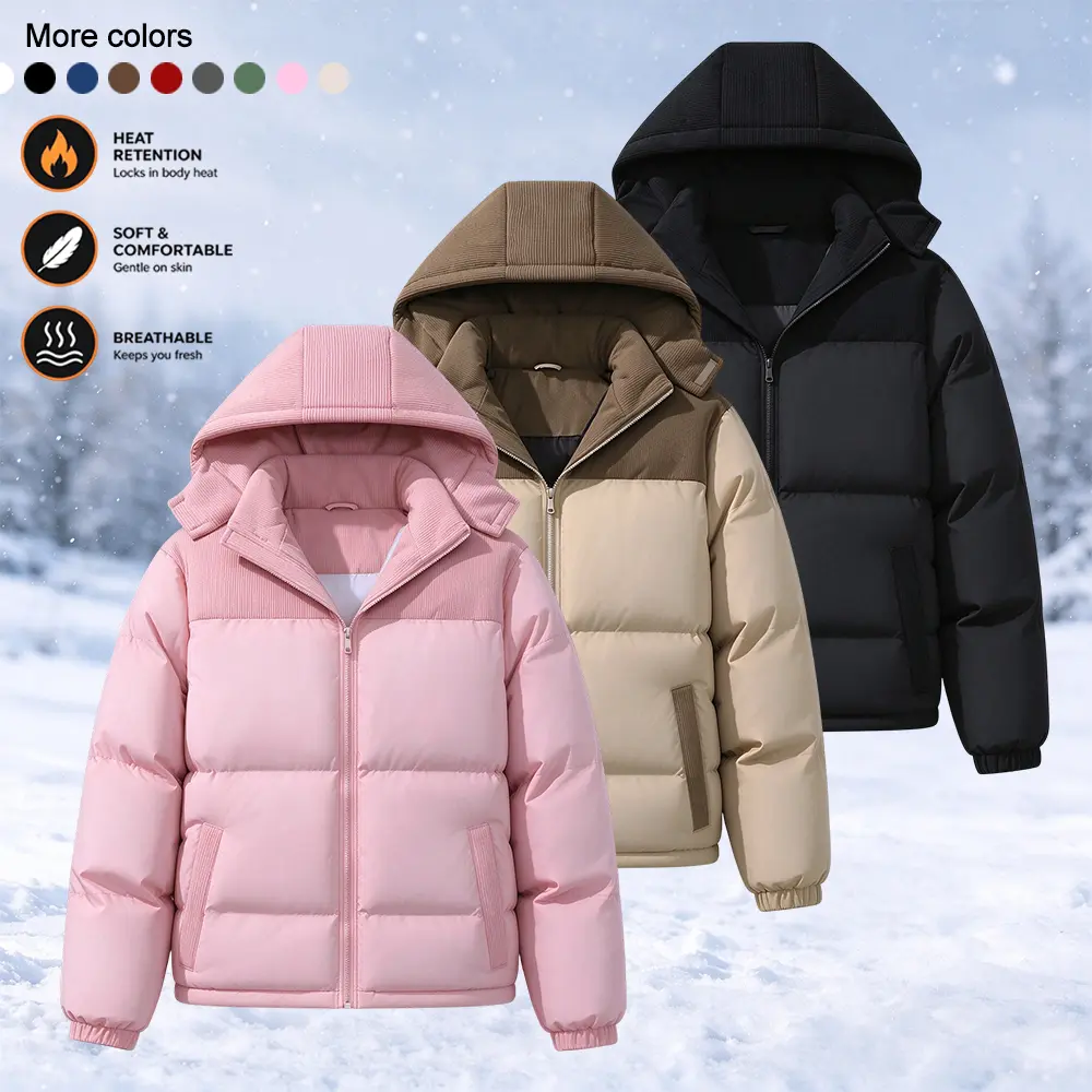 Women's Basic Casual Long Sleeve Hooded Puffer Coat - Color Block Design, Full Zip Front, Horizontal Quilted Padded, Ribbed Texture Yoke, Side Pockets, Ribbed Cuffs, Relaxed Fit, Cold Season Outerwear