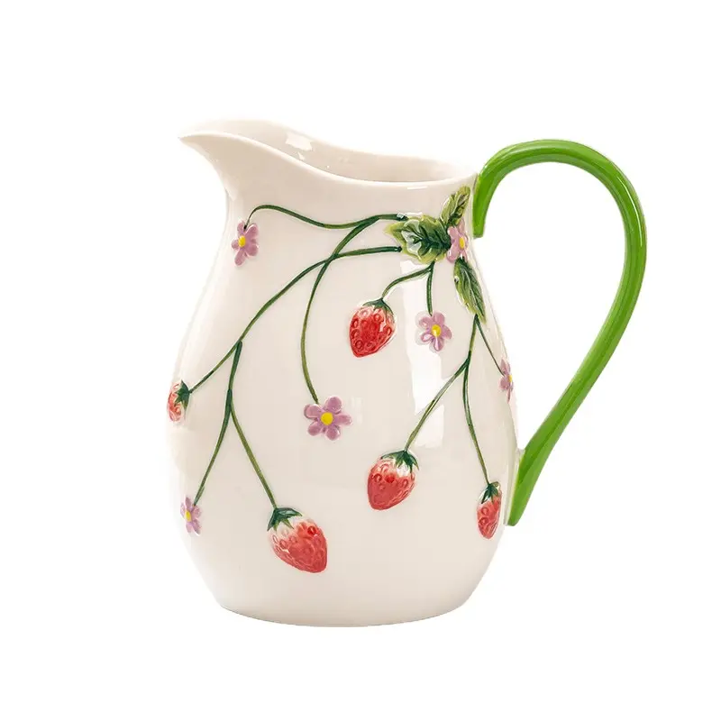 Ceramic Water Jug with Strawberry Design, Large Capacity Floral Pattern, Rustic Kitchen Decor, Beverage Container, Farmhouse Style Pitcher