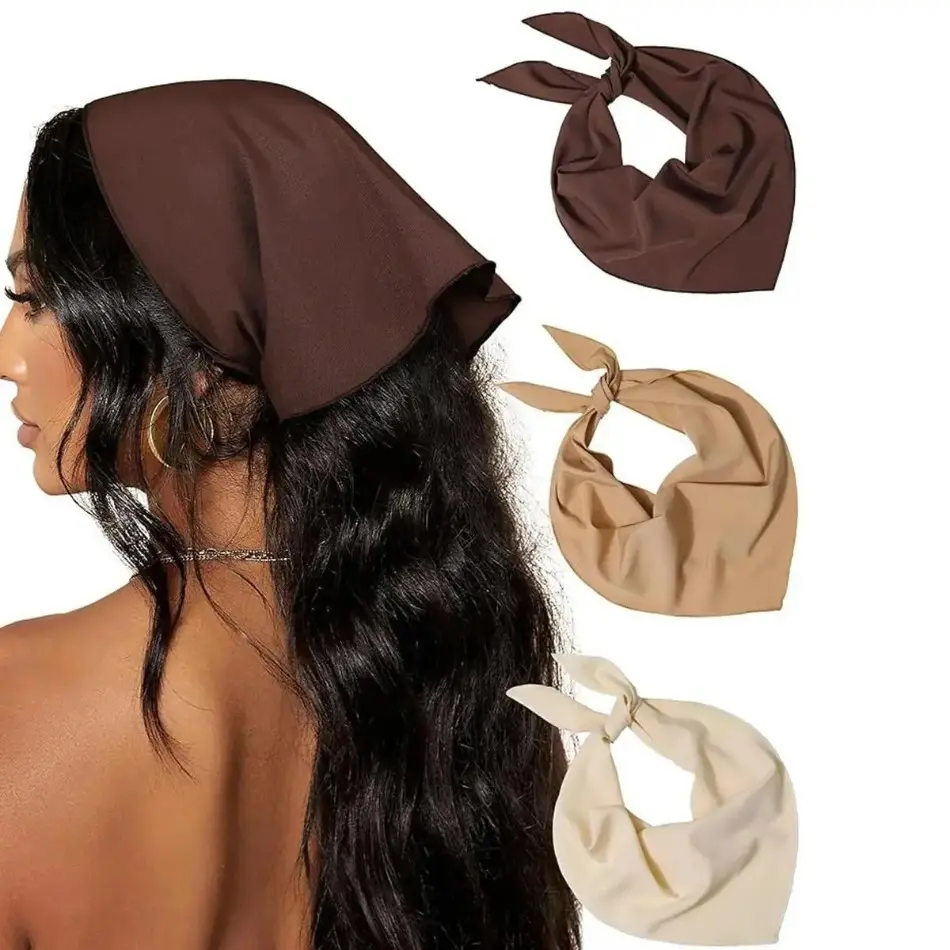 Boho Chiffon Hair Scarf 3-Piece Set, Solid Color Bandana Wrap for Women, Lightweight Soft Headband with Lace Edge, Bag Accessory (Yellow, Black, Beige), Hair Scarf Set, Solid Color - Beige / Khaki / Brown, Headscarf, Floral - Yellow/Black/Beige