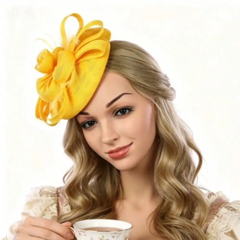 Women's Yellow Fascinator Hat - Vintage Linen-Like Material with Bow, Feather Accents Hats - Retro Royal Court Style Headpiece for Bridal, Tea Party