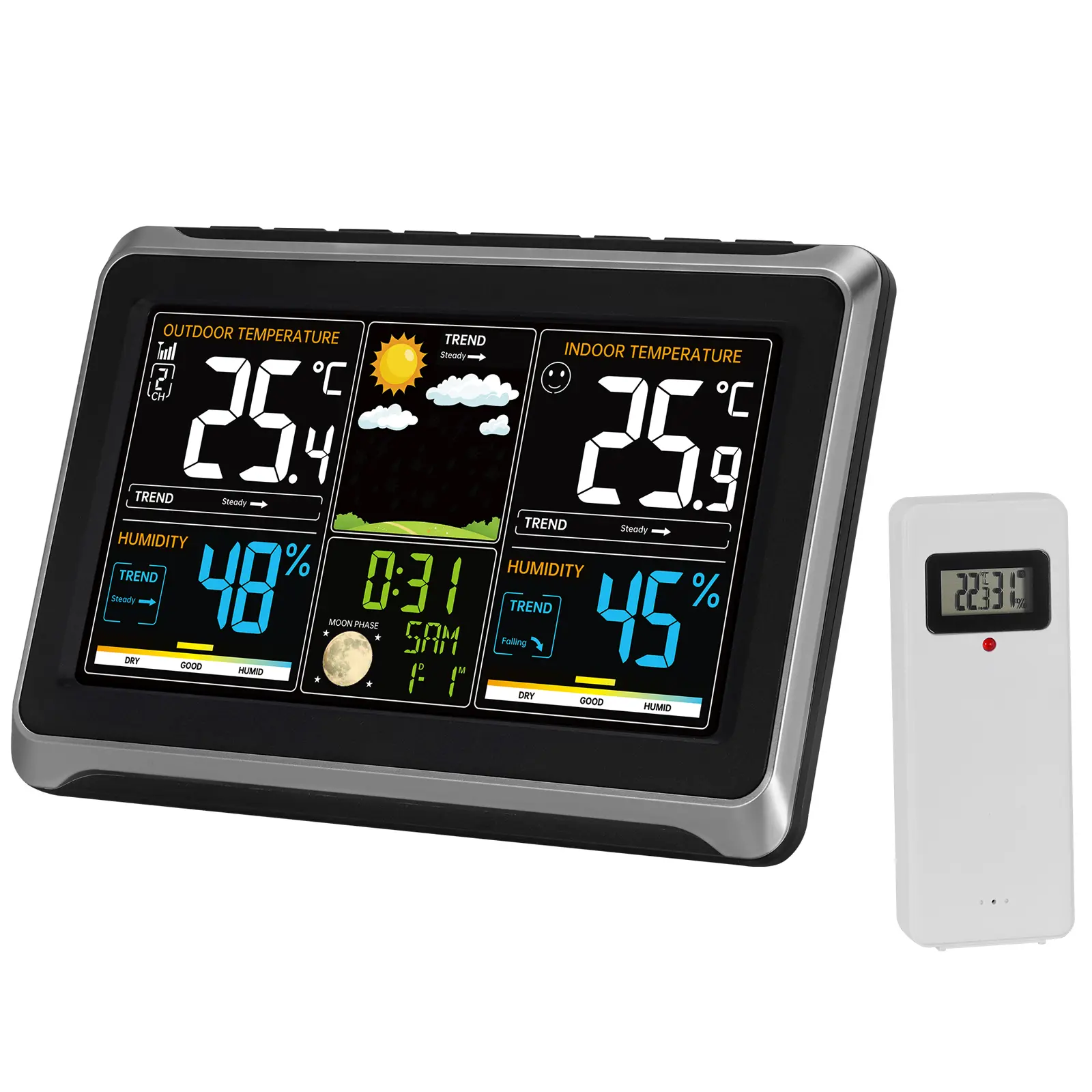 Weather Station Indoor Outdoor, 7.5 in Color Display, Wireless Digital Home Weather Station, with Sensor Atomic Clock Adjustable Backlight Forecast Data Calendar Alarm Alert Temperature-NO WIFI