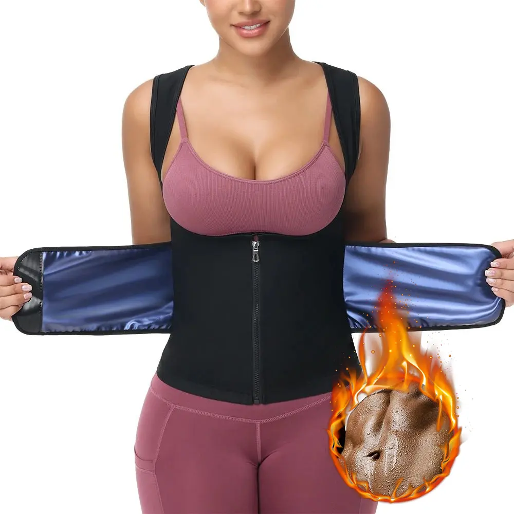 Women's Sauna Shirt, Sauna Waist Trainer Vest, Tummy Control Sauna Sweat Shirt, Double layer Compression Vest, Sauna Suit Workout, Adjust Belt, Zipper Shapewear