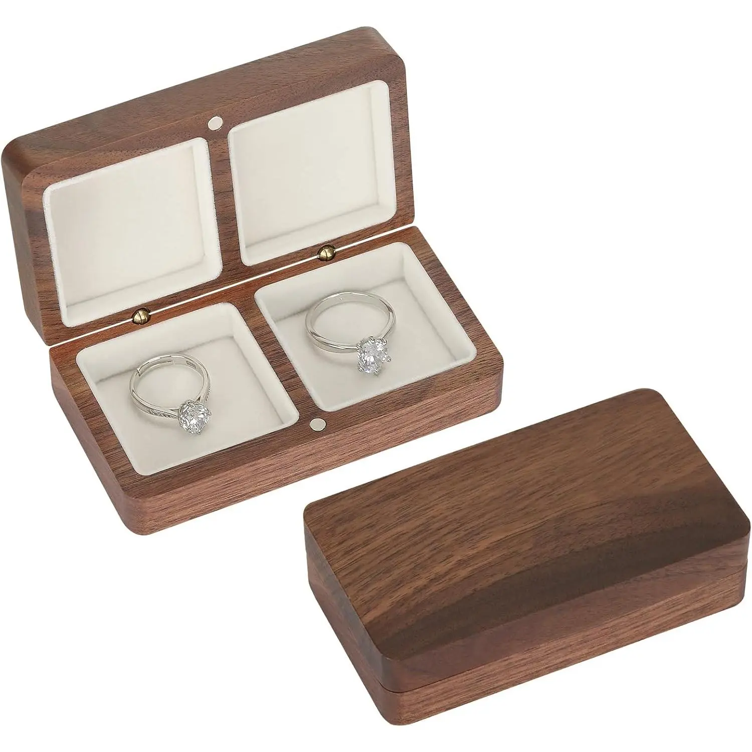 Wooden Double Wedding Ring Box for Engagement Proposal Ceremony Travel, Small  Holder Storage  Case for Ring Earring Stud Bracelet Necklace, Rings Bearer Boxes (Whtie)
