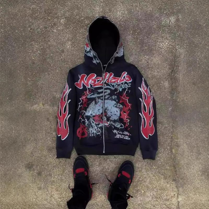 Streetwear Zip Hoodie Vintage Harajuku Cartoon Print Oversized Sweatshirt