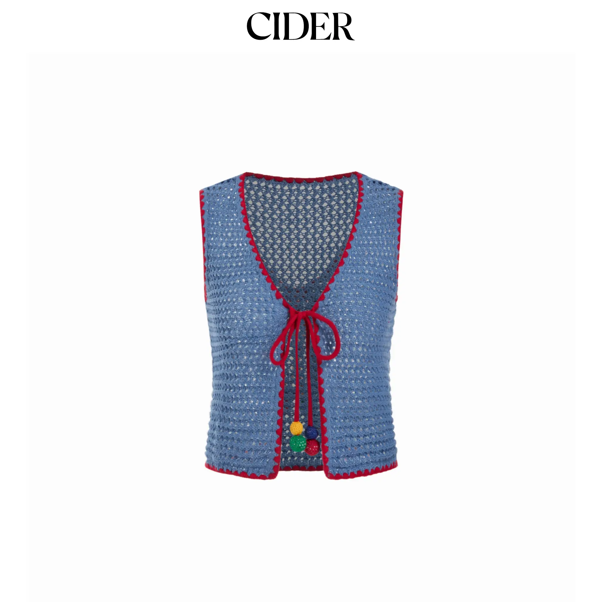 Cider Knit Crochet V-Neck Colorblock Tie Front Bow Oversized Vest