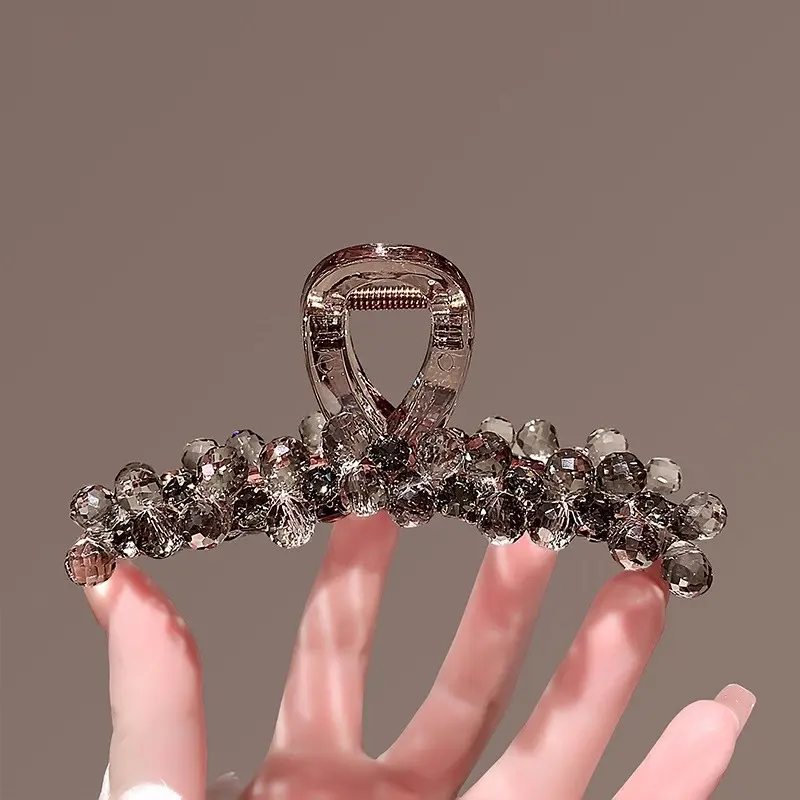 11cm Large Crystal Bead Hair Claw Clip, Elegant Champagne Rhinestone Hair Grab Barrette, Non Slip Strong Hold Hair Jaw Clip for Women Thick Long Hair Wedding Daily Hair Accessory Gift