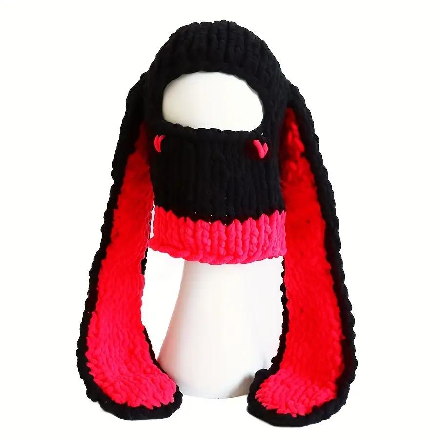New Sweet Cool Spicy Handmade Thickened Fleece Warm Hat Devil Horn Mask Long Ears Heart Bunny
